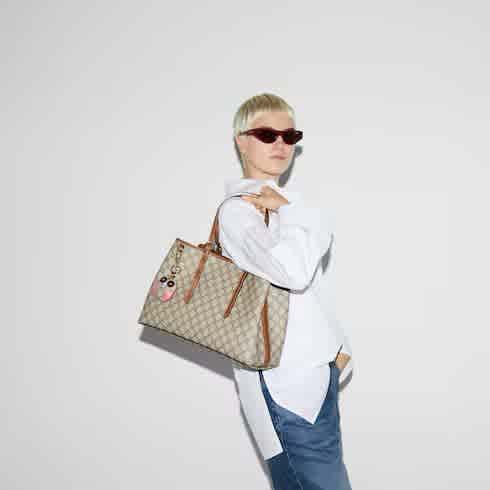 Gucci Emblem Beige Tote Bag With Charm-thumb-2