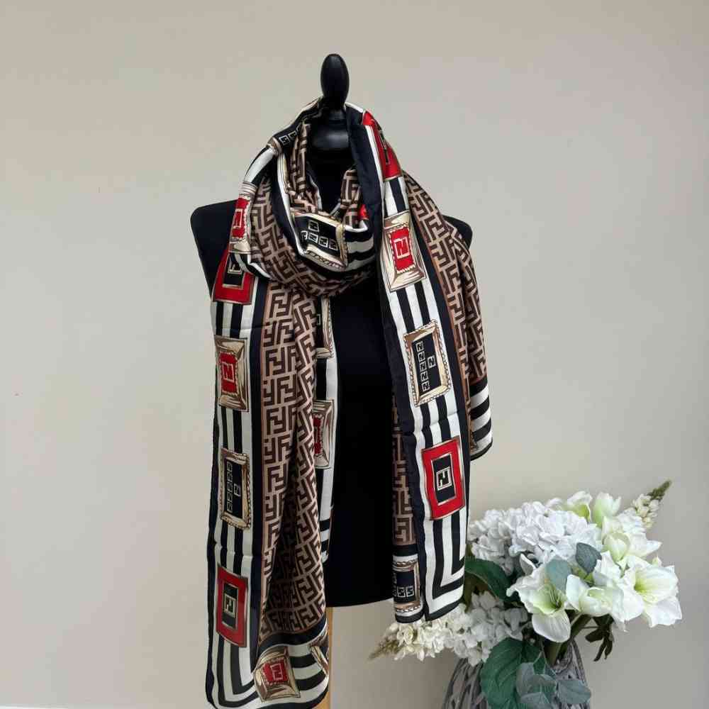 Fendi "FF" Designer Brown Silk Stole-2