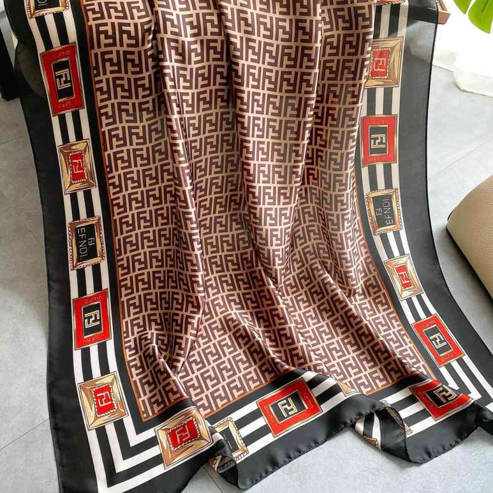 Fendi "FF" Designer Brown Silk Stole-4