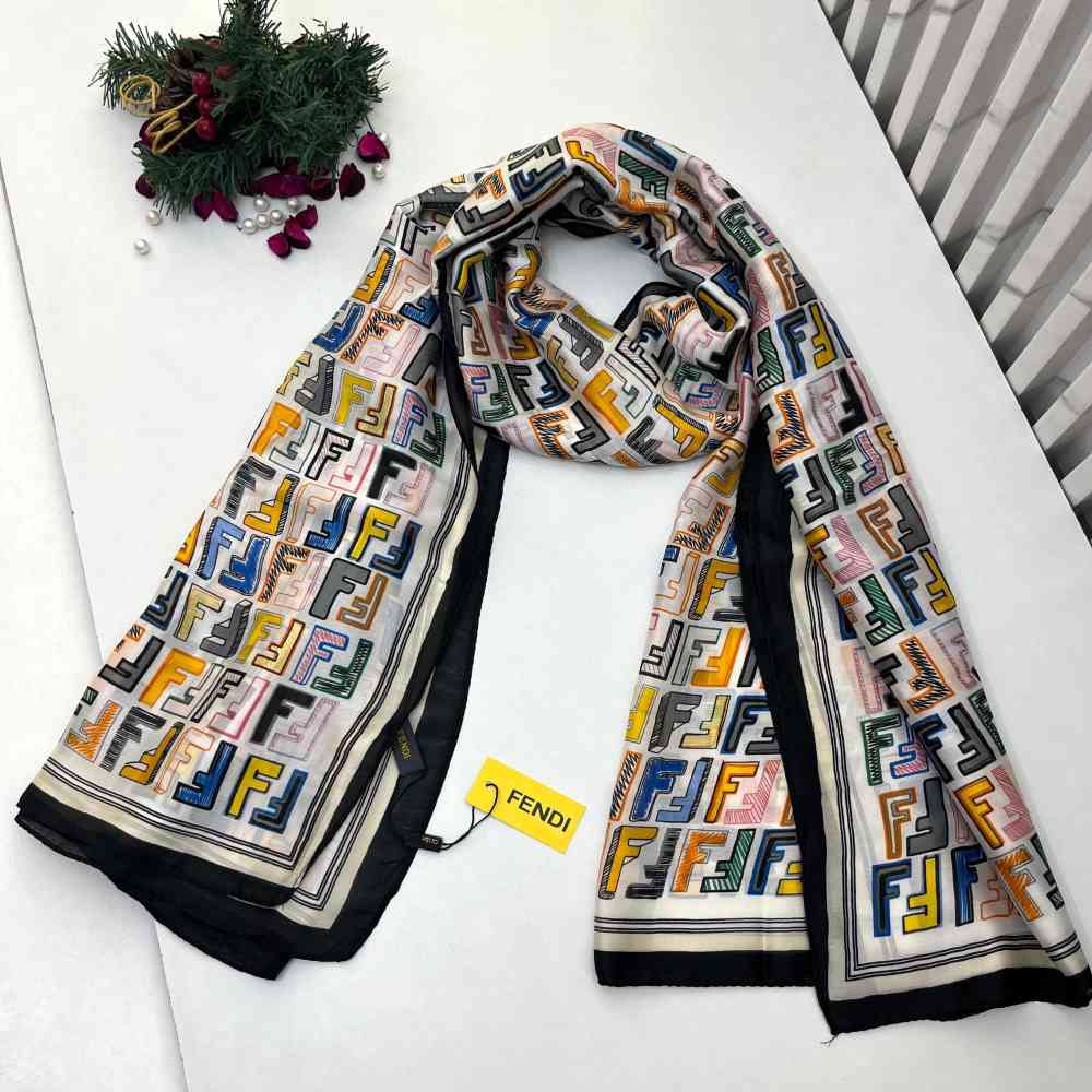 Black Multi Fendi "FF" Designer Orange Multicolor Silk Stole
