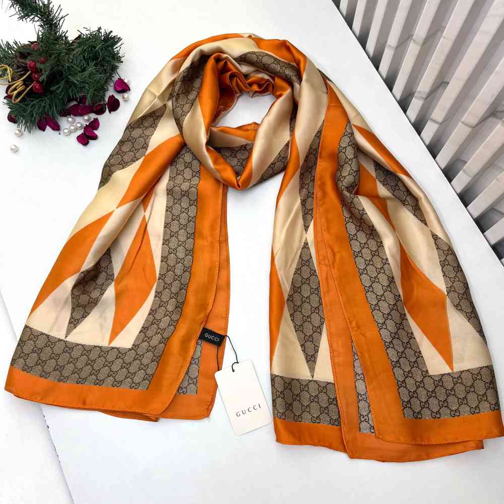 Orange Gucci Designer White Silk Stole