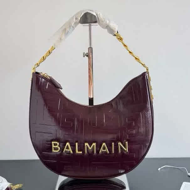 Wine Balmain Embossed Moon Hobo Chain Black Handbag