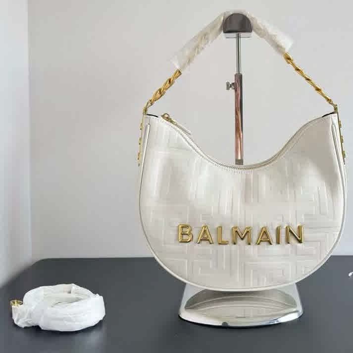 White Balmain Embossed Moon Hobo Chain Black Handbag