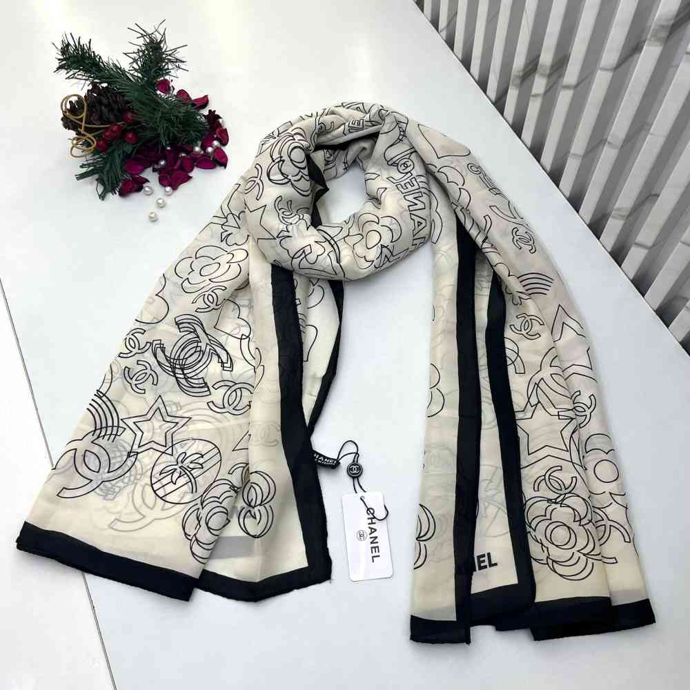White Chanel Premium Quality Black Silk Stole