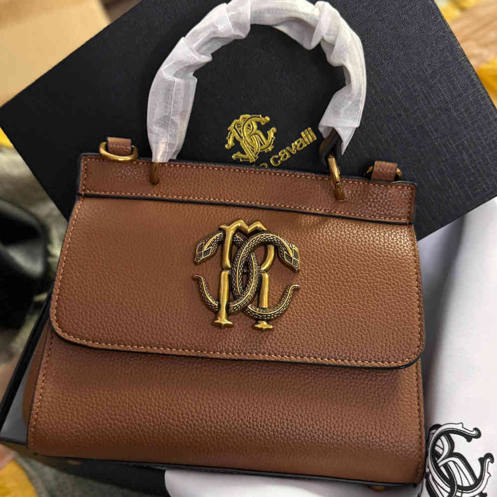 Brown Roberto Cavalli Monogram Mirror Snake Beige Shoulder Bag