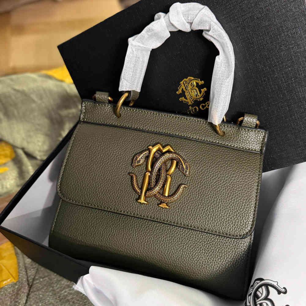 Green Roberto Cavalli Monogram Mirror Snake Beige Shoulder Bag