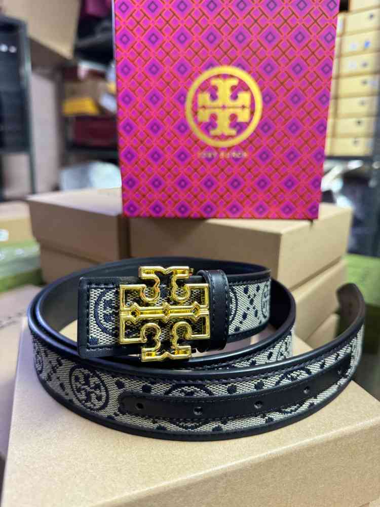 Black & Golden Tory Burch Brown & Golden Embellished Buckle Belt
