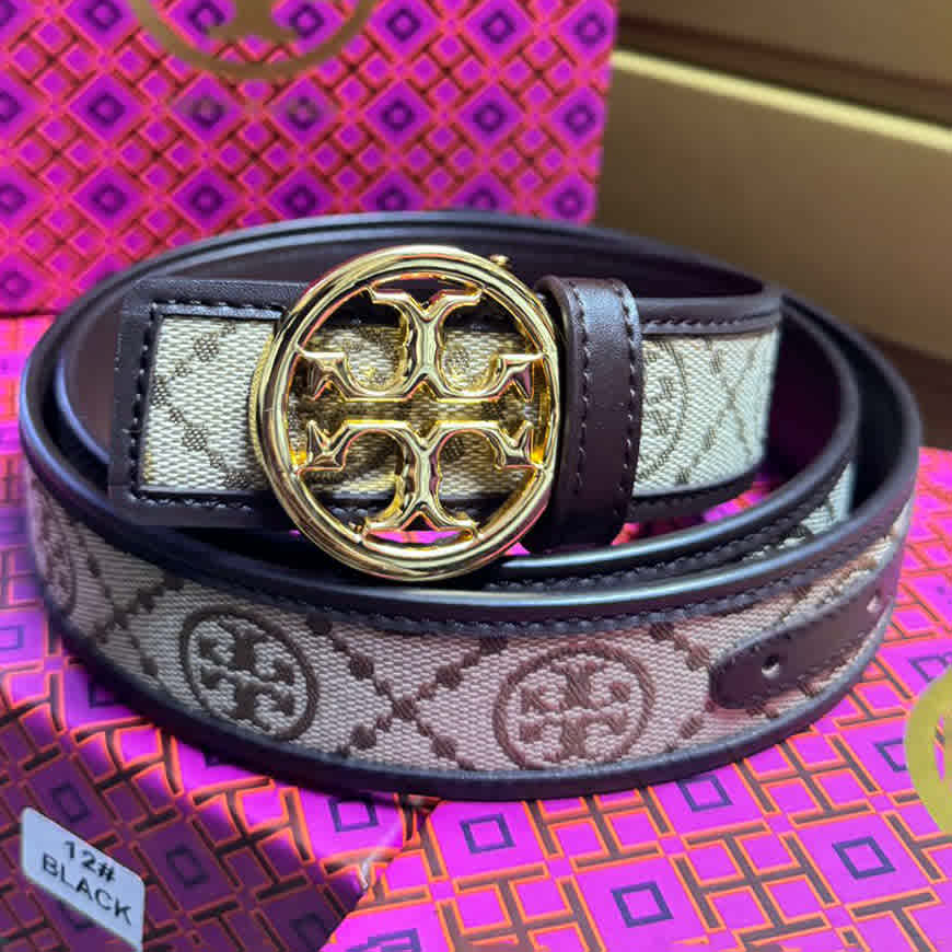Brown & Golden Tory Burch Black & Golden Embellished Buckle Belt