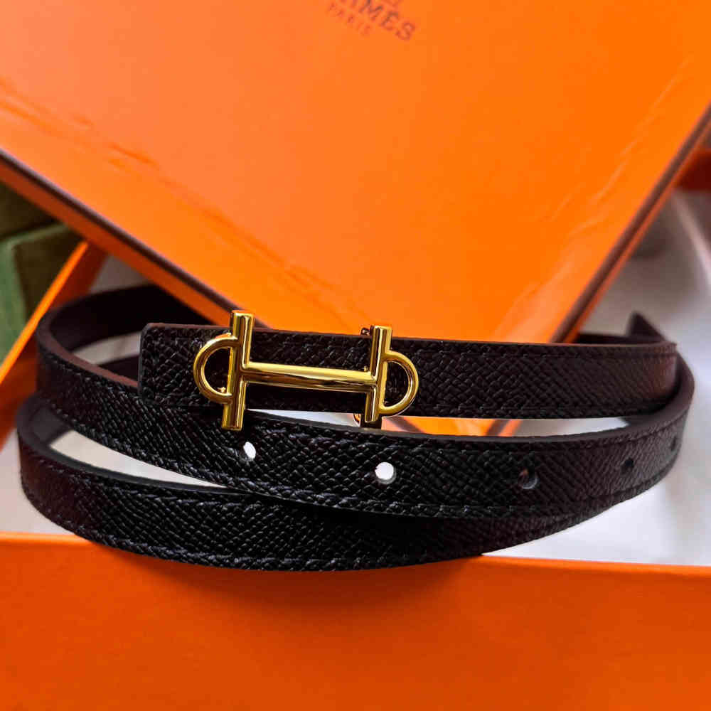 Black Hermes Dark Beige Elastic Band Crystal Embellished Buckle Belt