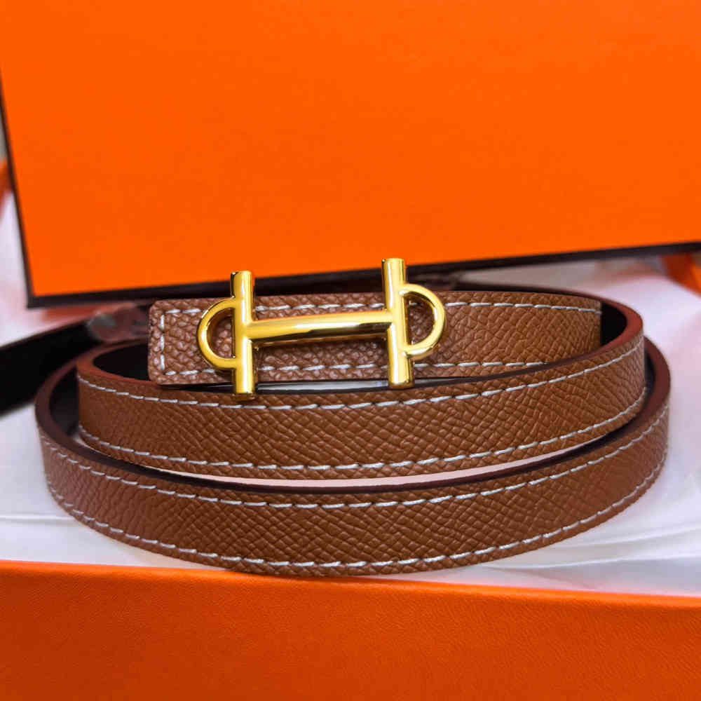 Brown Hermes Dark Beige Elastic Band Crystal Embellished Buckle Belt