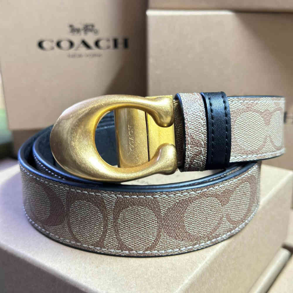 Beige Coach Black Elastic Band Crystal Embellished Buckle Belt