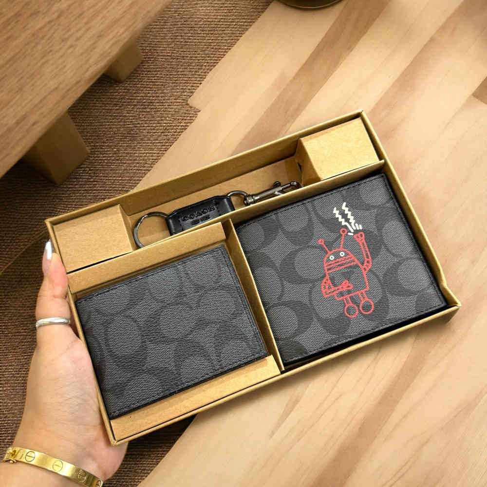 Coach Black & Red Leather Compact Wallet-thumb-2