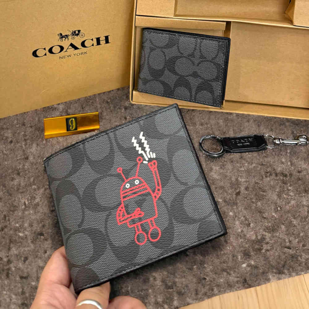 Coach Black & Red Leather Compact Wallet-thumb-0
