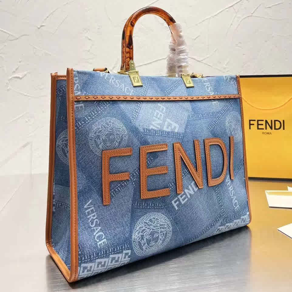Blue & Brown Fendi  X Versace Blue & Black Tote Bag