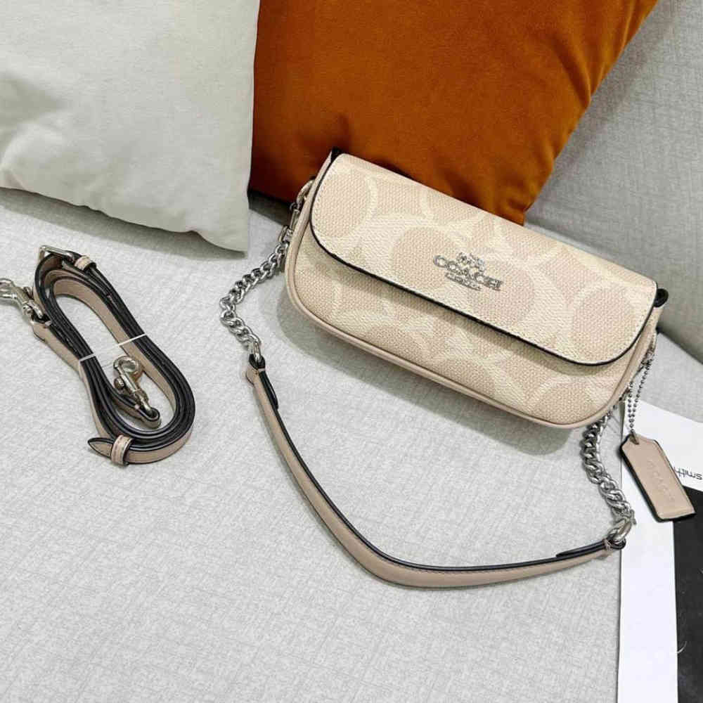 Cream Coach Bold Signature Brown Leather Sling Bag
