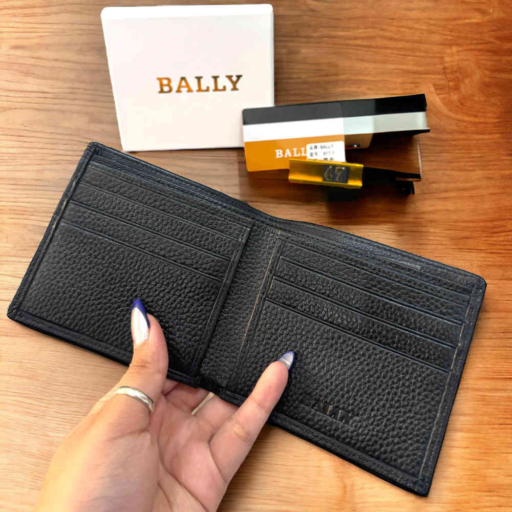 Bally Black Leather Compact Wallet-thumb-4