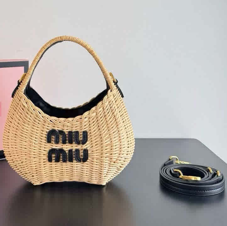 Black Miu Miu Wander Wicker Brown Handbag