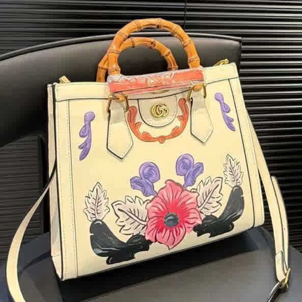 White Gucci Diana Black Floral Handbag