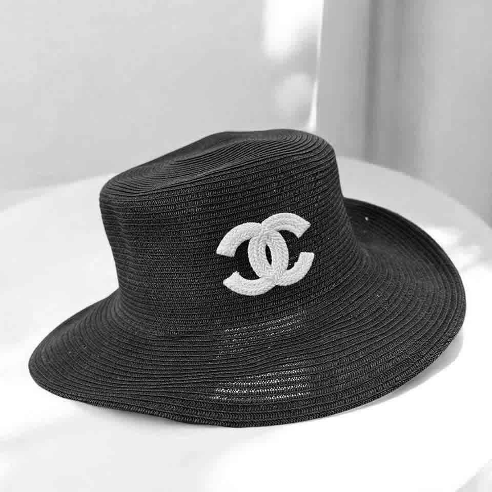 Black Chanel Beige Straw Bucket Hat