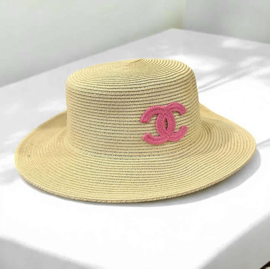 Cream Chanel Beige Straw Bucket Hat