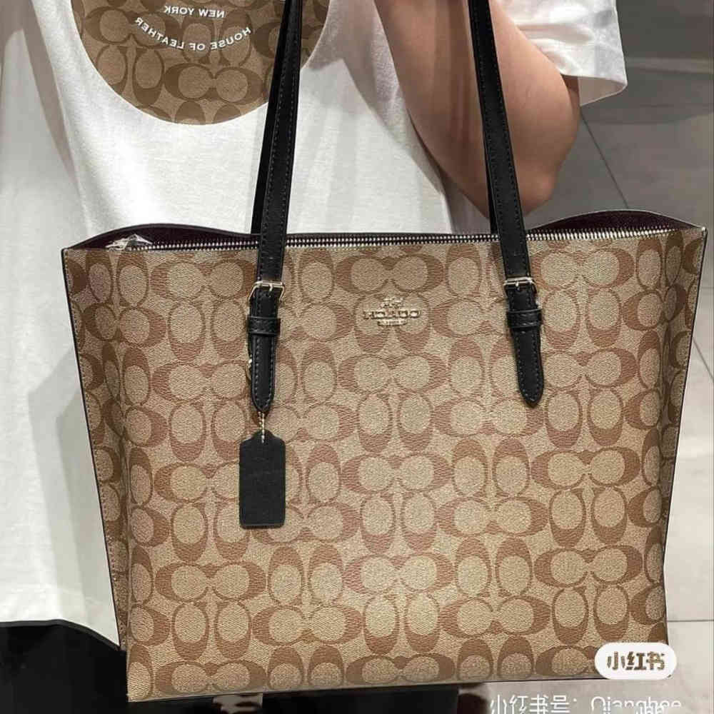 Khaki Coach Mollie Signature Large Black Tote Bag