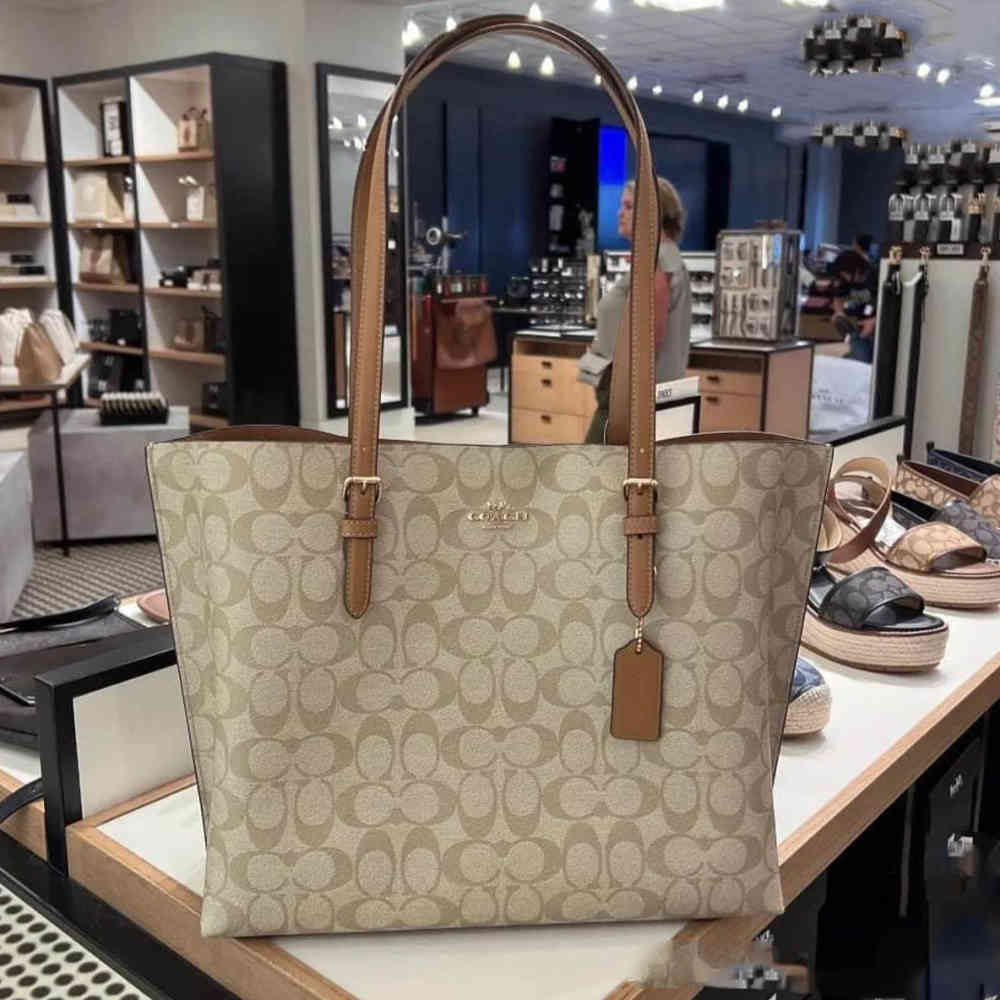 Beige Coach Mollie Signature Large Black Tote Bag
