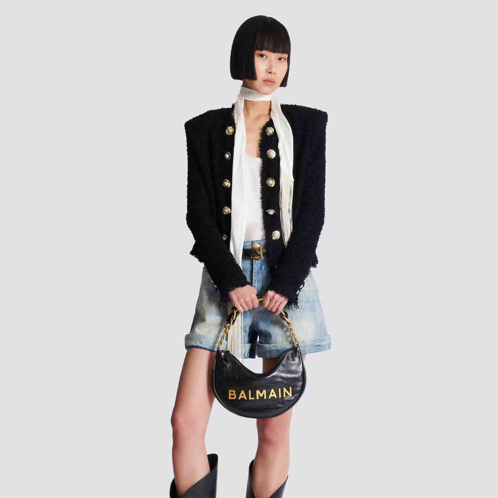 Balmain Embossed Moon Hobo Chain Black Handbag-thumb-5