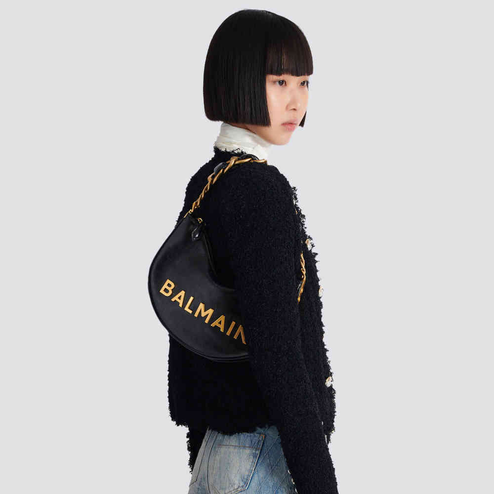 Balmain Embossed Moon Hobo Chain Black Handbag-thumb-4