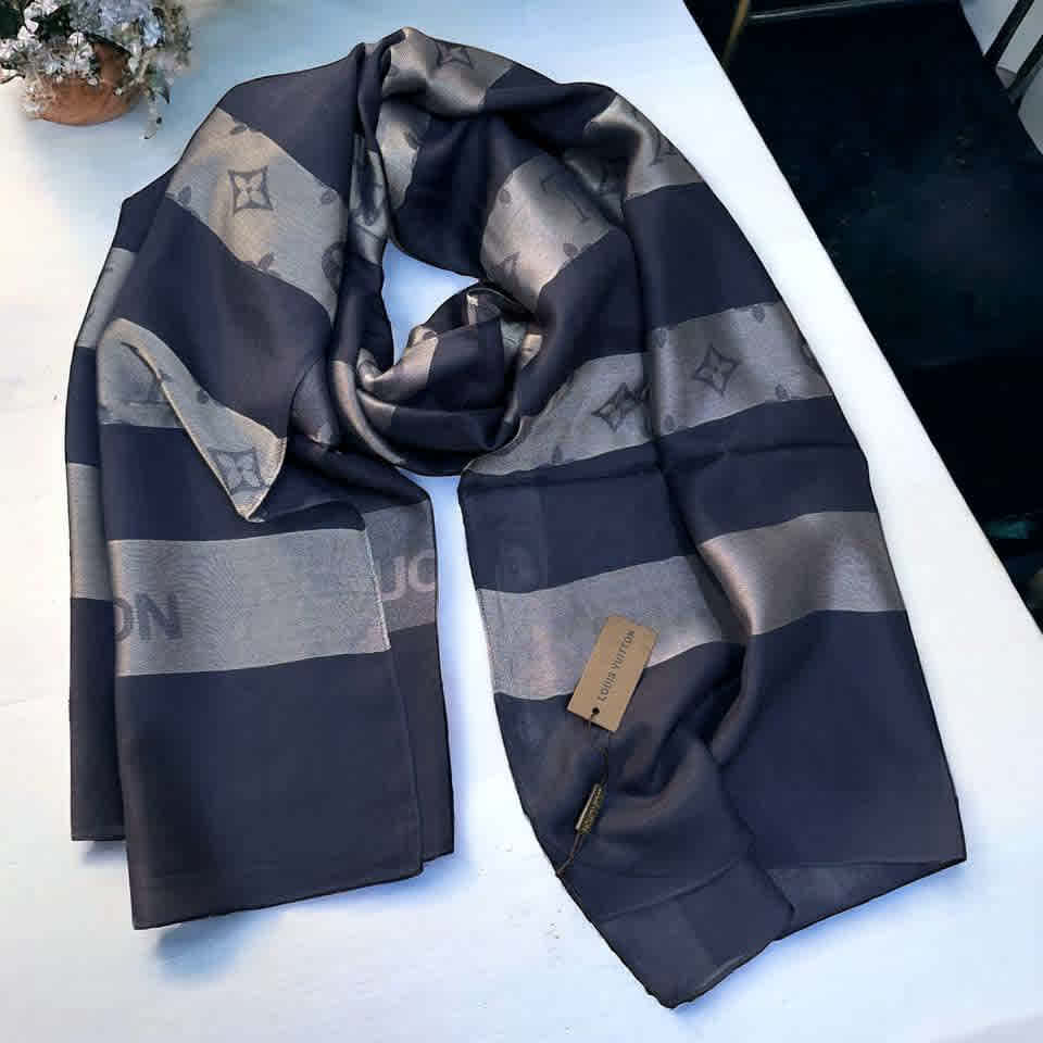 Blue Louis Vuitton Designer Black Cotton Silk Stole