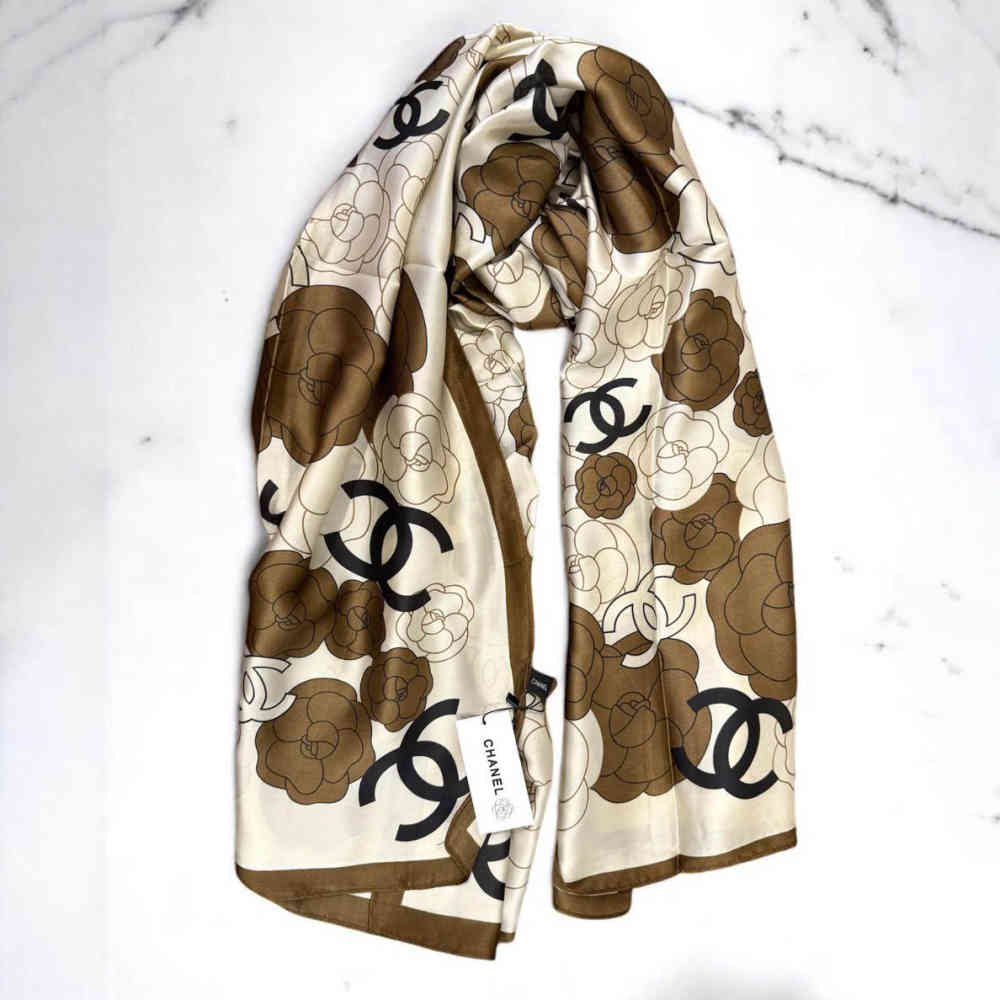 White Chanel Designer Black Silk Stole