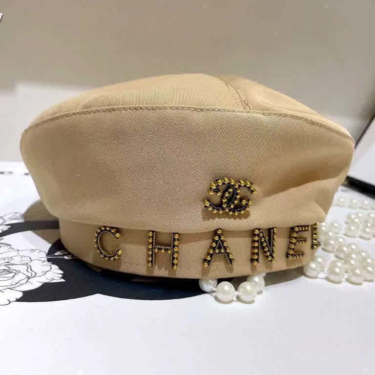 Khaki Chanel Black Beret Hat