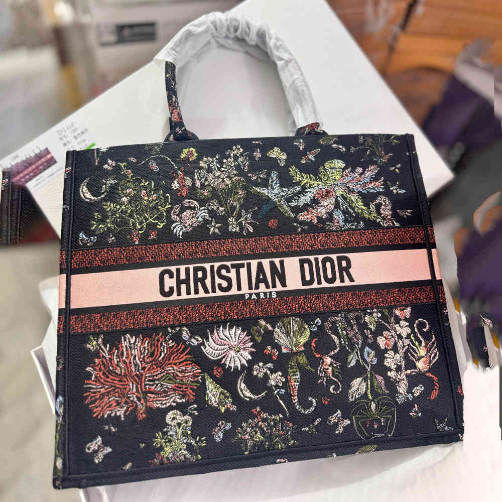 Black Christian Dior Book Butterfly Print Tote Bag