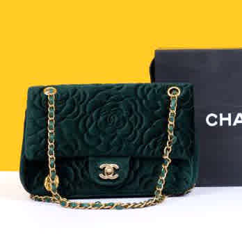 Chanel Velvet Camellia Green Flower Premium Sling Bag-thumb-0