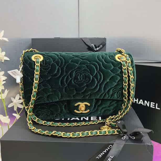 Chanel Velvet Camellia Green Flower Premium Sling Bag-thumb-1