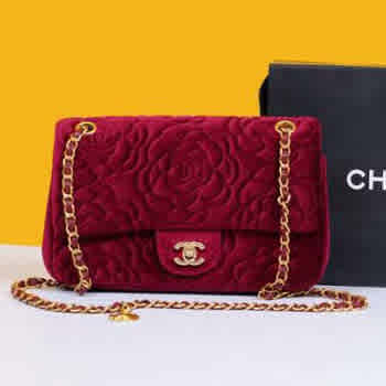 Red Chanel Velvet Camellia Green Flower Premium Sling Bag