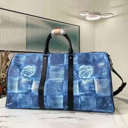 Sky Blue Louis Vuitton LV Damier Keepall Bandoulire Navy Blue Duffle Bag