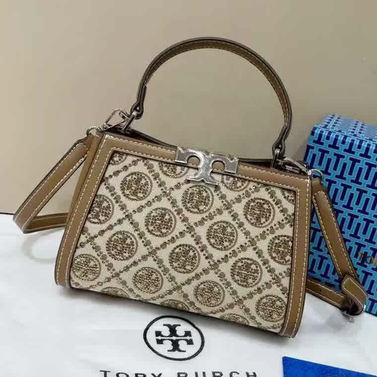 Beige Tory Burch T Monogram Studded White Jacquard Bag