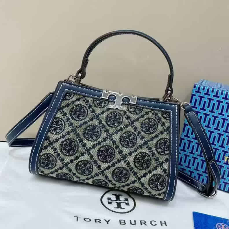 Blue Tory Burch T Monogram Studded White Jacquard Bag