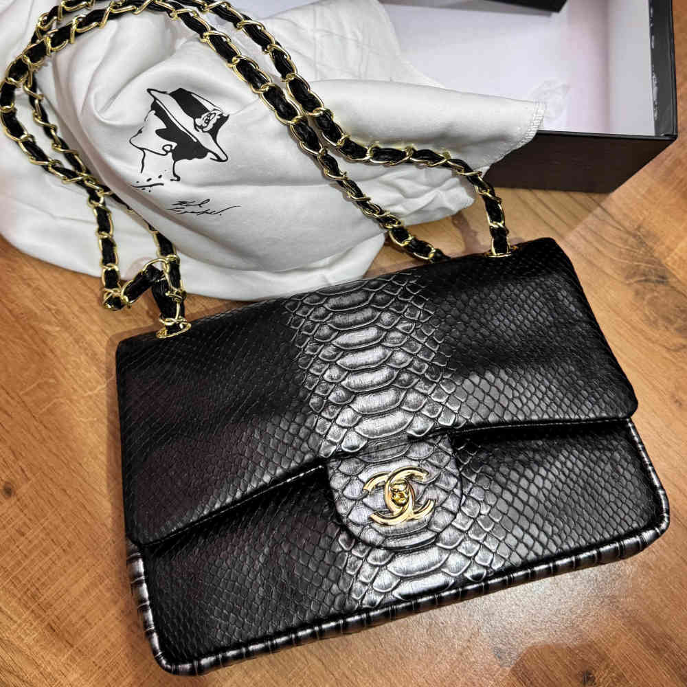Black Chanel Jumbo Classic Snake Black & Golden Sling Bag