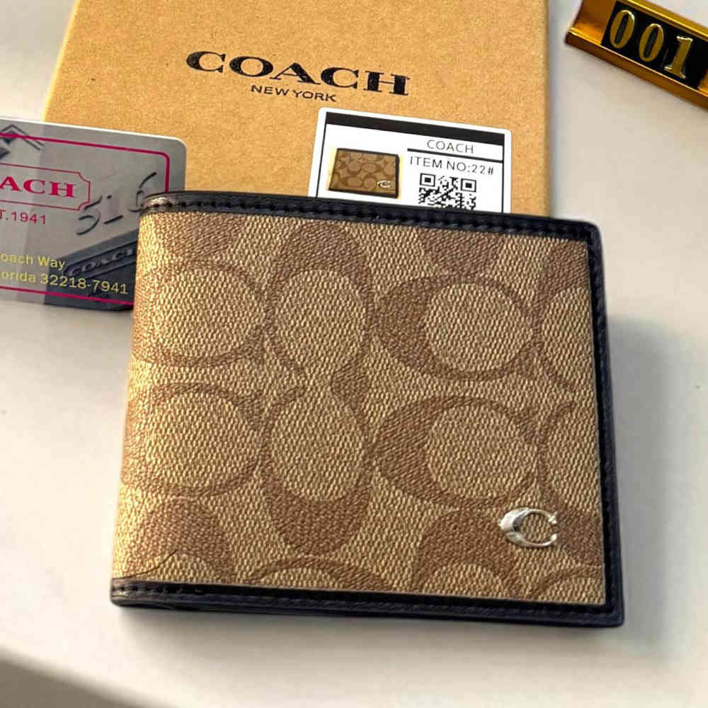 Beige Coach Brown Premium Compact Wallet