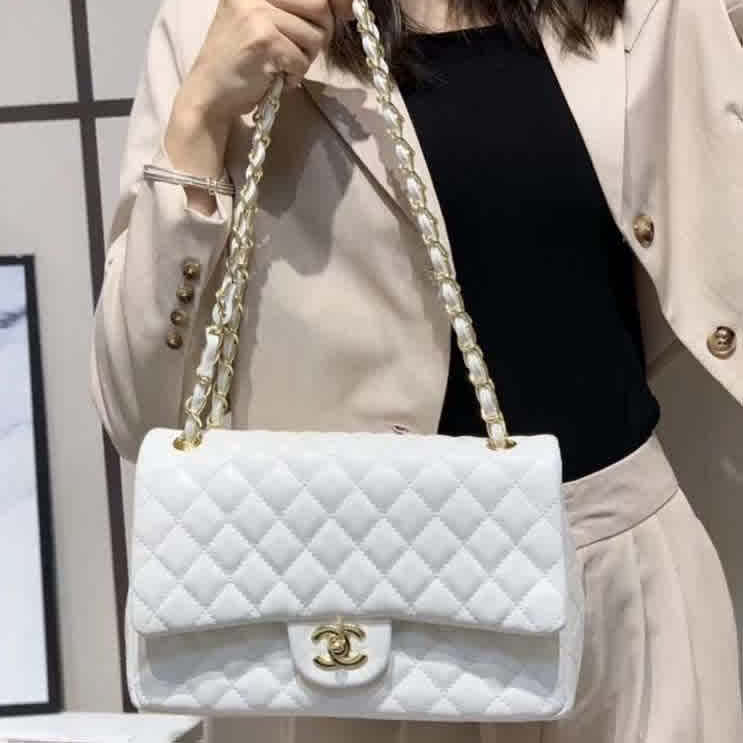 White Chanel Jumbo Sponge Leather Metallic Grey Sling Bag