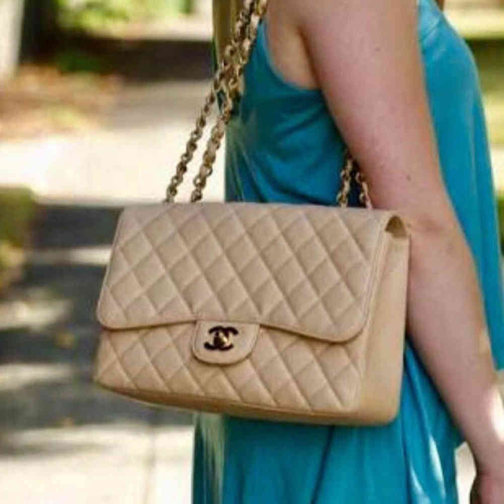Cream Chanel Jumbo Sponge Leather Metallic Grey Sling Bag
