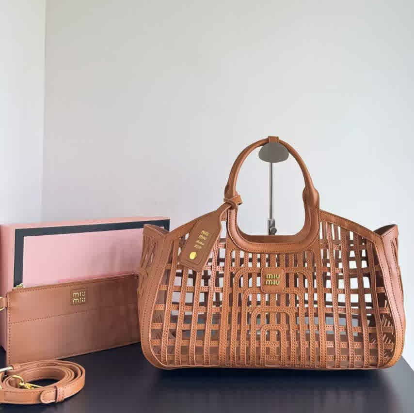Brown Miu Miu Leather Trimmed Large White Basket Bag