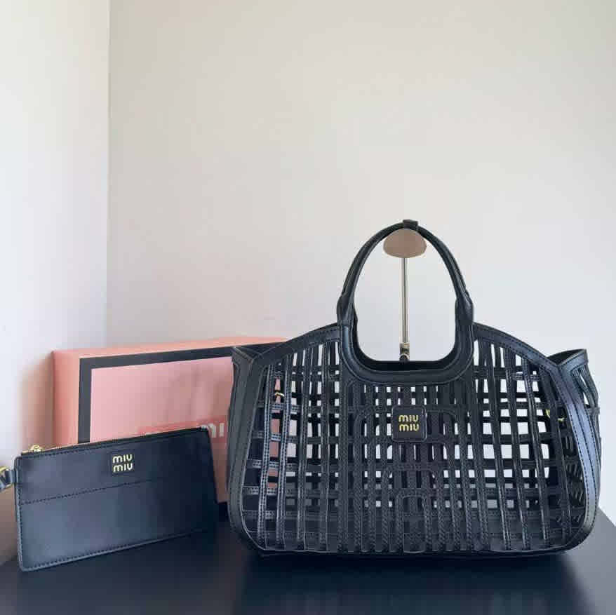Blue Miu Miu Leather Trimmed Large White Basket Bag