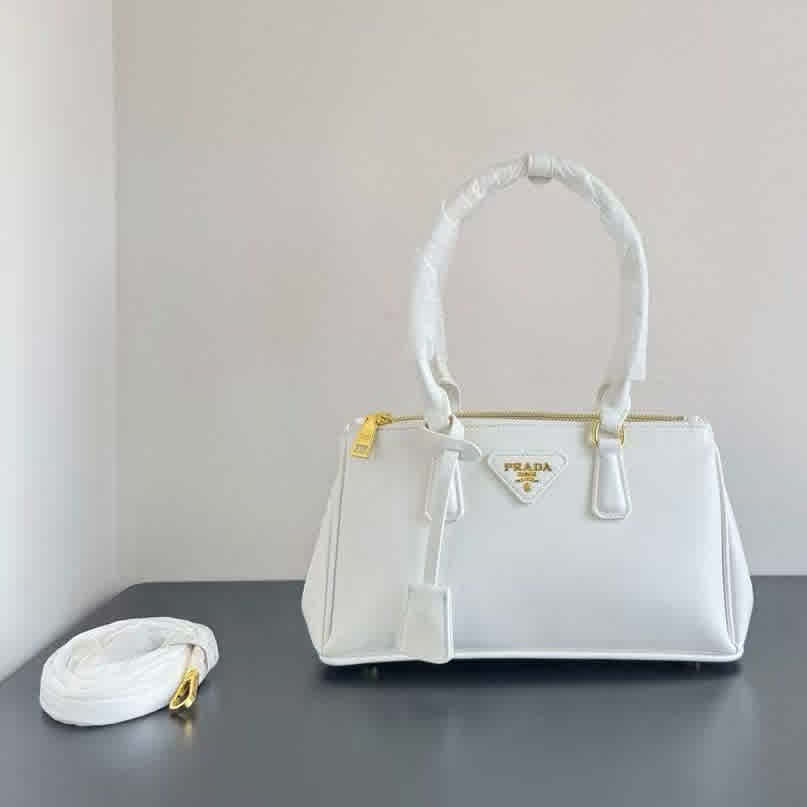 White Prada Galleria Saffiano Dark Brown Handbag