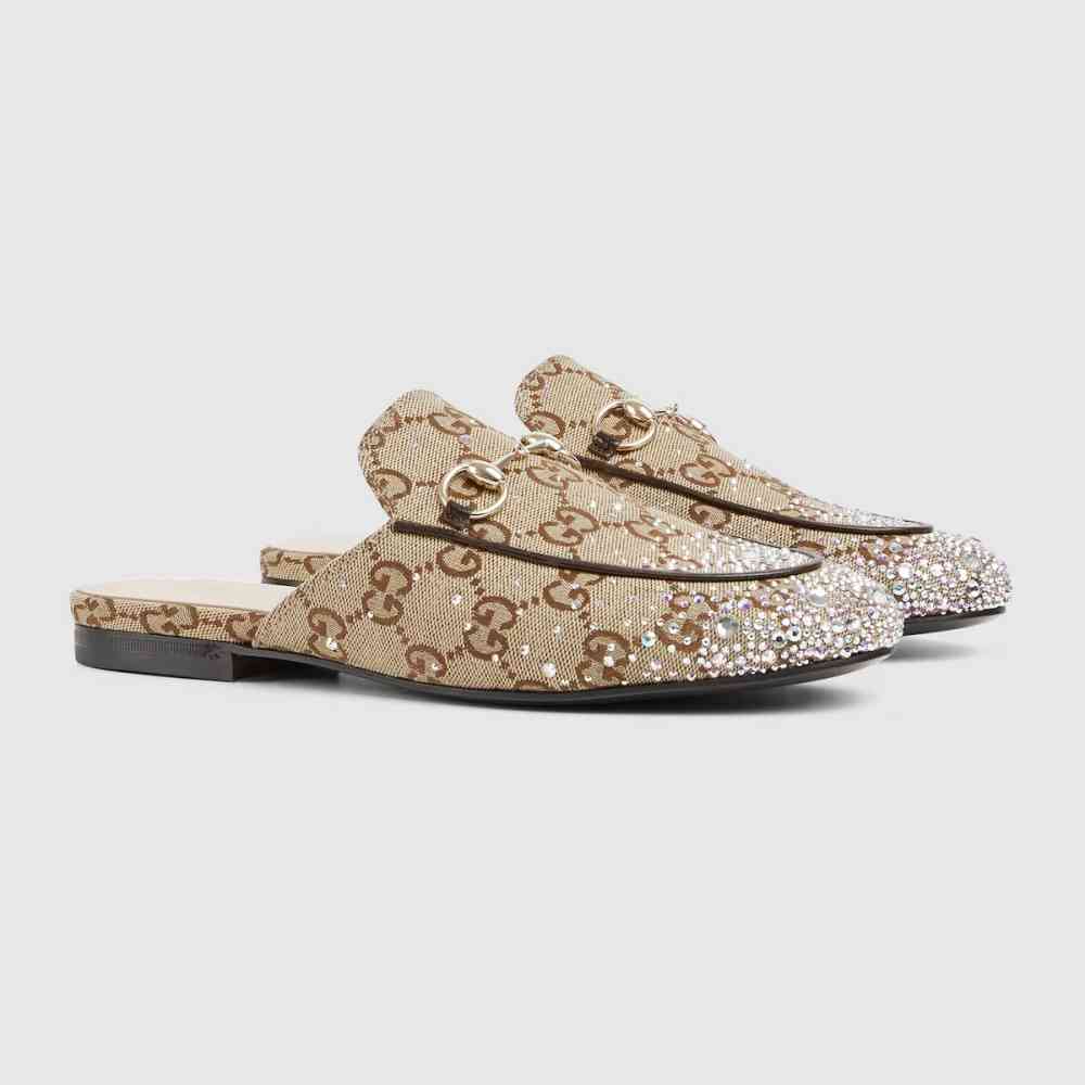 Beige Gucci GG Women's Princetown Black Flat Sandals with Crystal Horsebit
