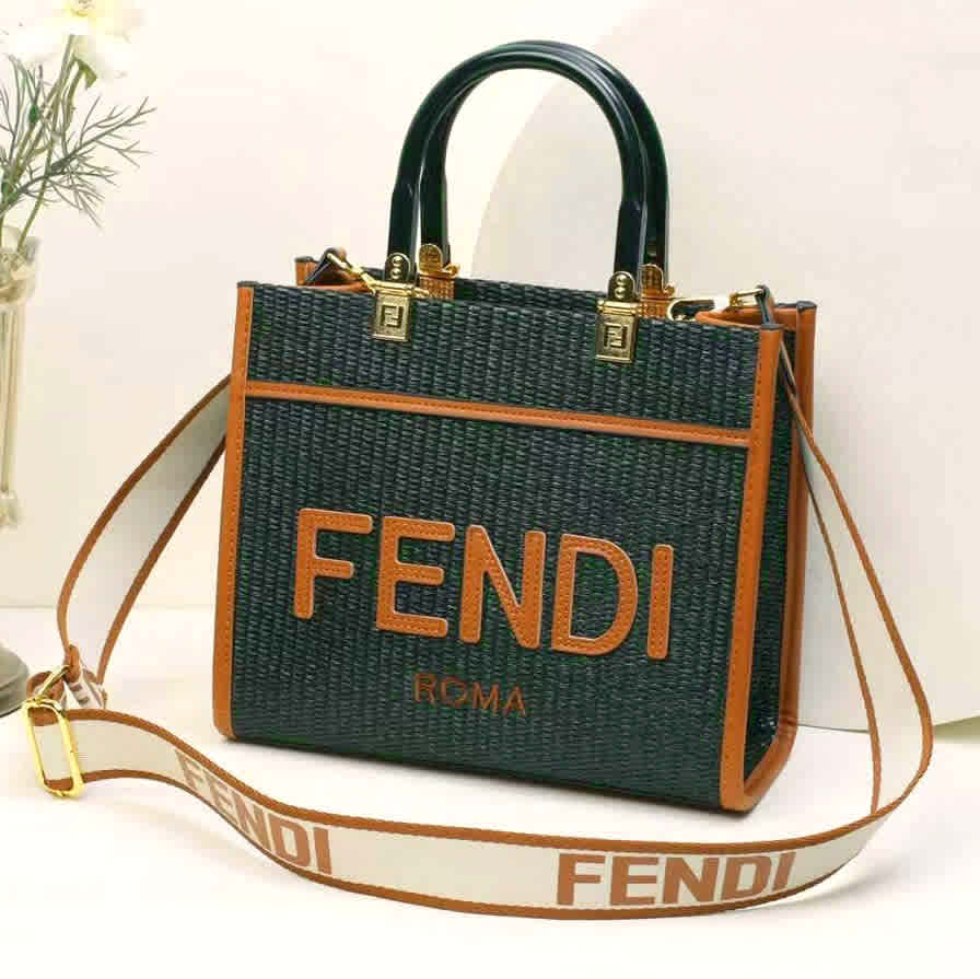 Green Fendi Roma Nylon Brown Tote Bag