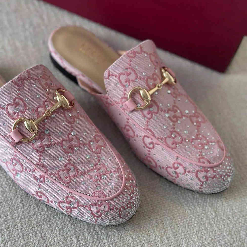 Gucci GG Women's Princetown Pink Flat Sandals with Crystal Horsebit-4