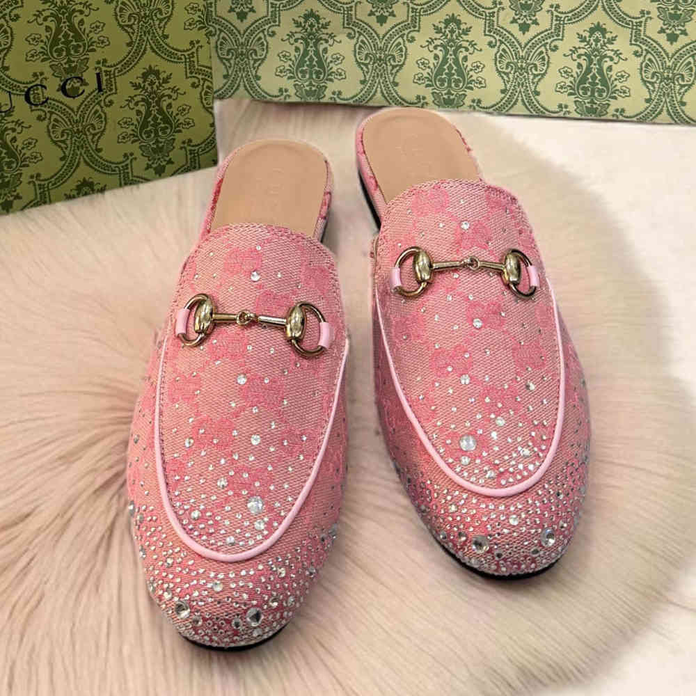 Pink Gucci GG Women's Princetown Black Flat Sandals with Crystal Horsebit