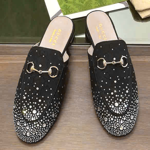 Gucci GG Women's Princetown Black Flat Sandals with Crystal Horsebit-1